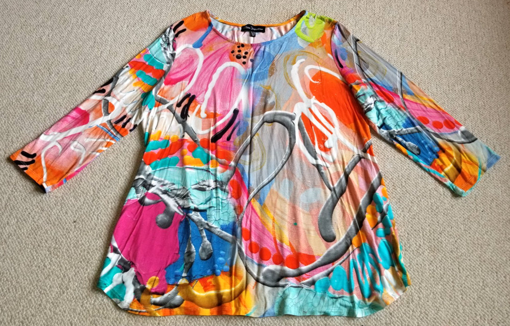 Womens Top-CLAIRE DESJARDINS-multicolor abstract knit tunic lagenlook artsy-XL